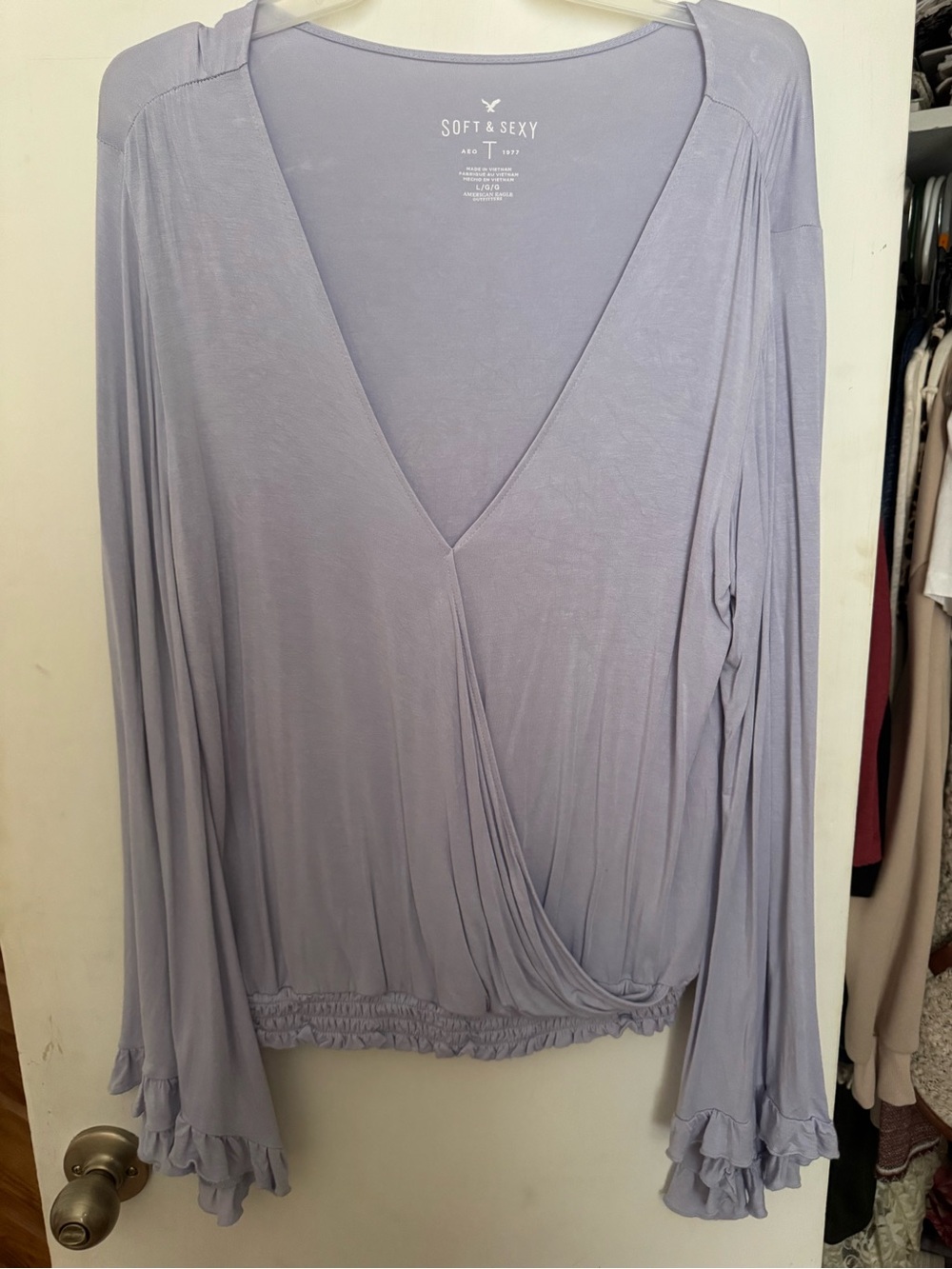 American Eagle Outfitters Lavender Soft & Sexy Wrap-Front Long Sleeve Top